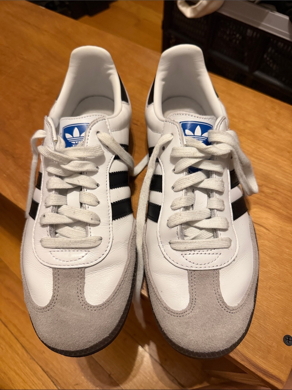 adidas Men’s White Sneakers with Black Stripes and Gray Suede Accents